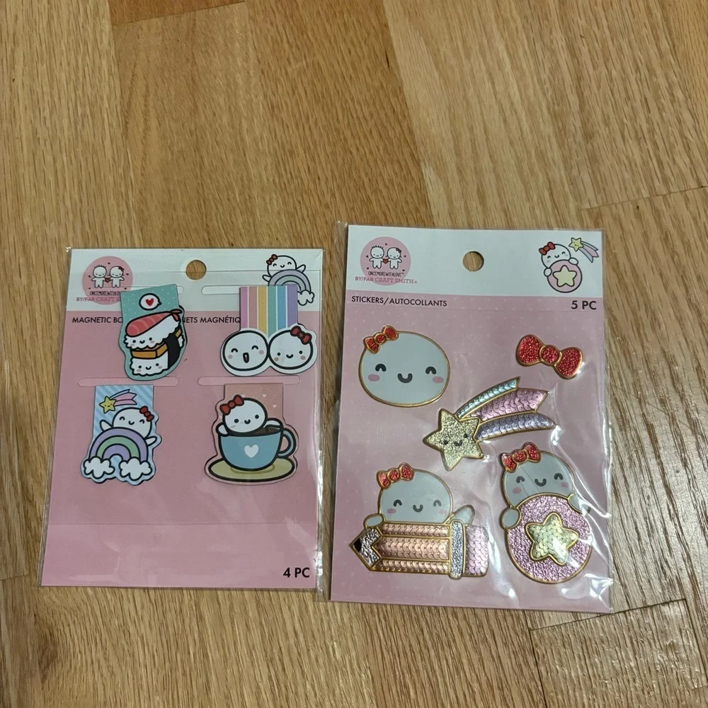 Pastel Pink Cute Character Magnetic Clips & Sticker Set Red Bow Stationary NEW